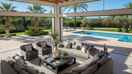 Fototapeta premium Modern patio lounge overlooking a garden and pool.