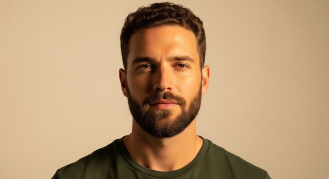 A frontal studio portrait of a confident young man with a full beard and short curly dark hair. He wears a dark green shirt, illuminated by warm