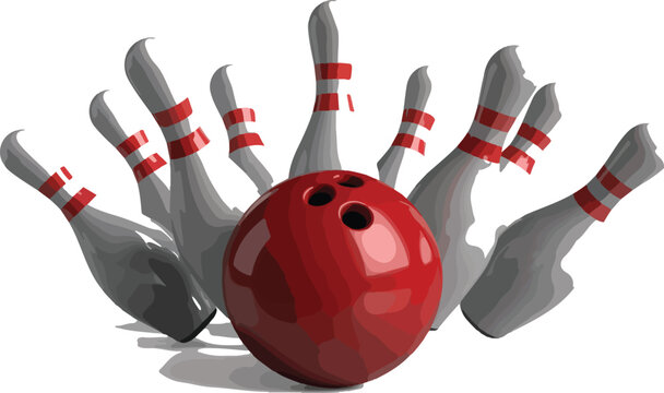 Bowling ball knocking down gray bowling pins with red markings Vector