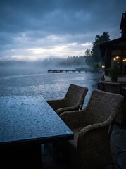 Naklejka premium A serene view of a cafe terrace overlooking a misty lake during a gentle rain shower. Two wicker chairs are placed around a table, reflecting the soft, overcast sky