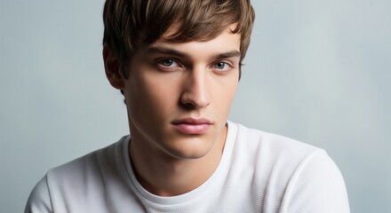 Fototapeta premium Close up portrait of a handsome young man with brown hair looking at the camera against a light gray background.