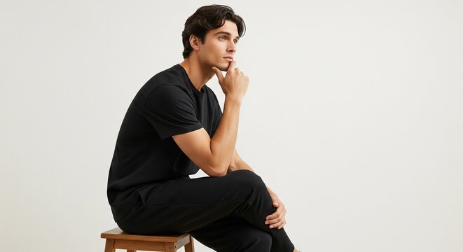A thoughtful young man wearing a casual black t-shirt and black pants sitting on a wooden stool and thinking against a white background.