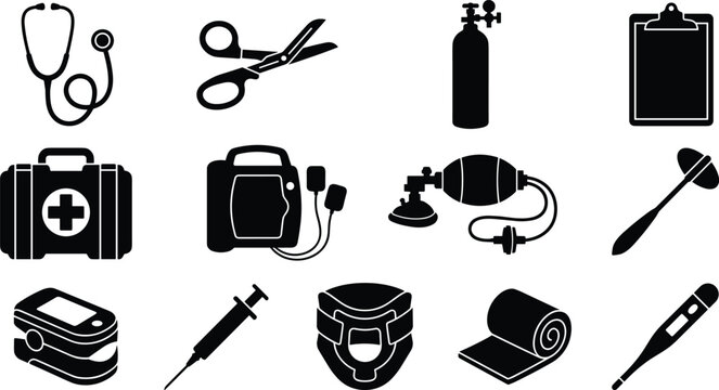 Emergency Medical Technician EMT and Paramedic Equipment Silhouette Icon Set Featuring Defibrillator Oxygen Tank Trauma Shears Stethoscope Pulse Oximeter and First Aid Kit Isolated on White
