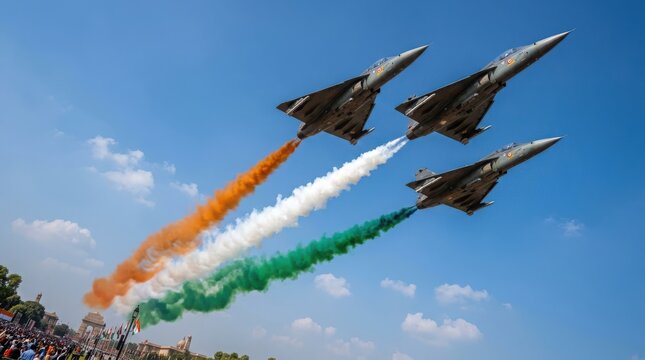 Three indian air force fighter jets performing a tricolor smoke trail flypast in clear blue sky