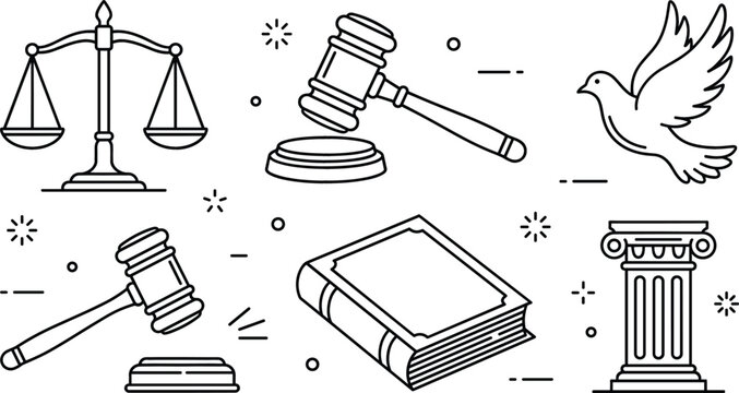 Law justice legal system traditional vector elements doodle set with scales judge gavel book dove bird and column