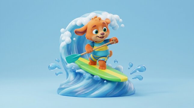 3D cute cartoon dog character on a stand up paddleboard riding a water wave. Summer vacation holiday mascot