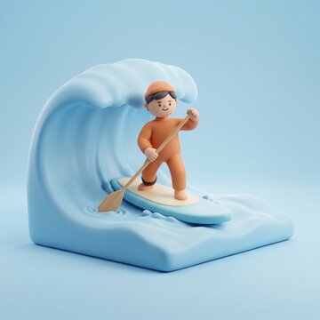 Ilustraci&oacute;n 3D de un lindo personaje haciendo paddle surf (SUP) con un remo sobre una ola azu