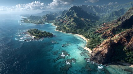 Naklejka premium Aerial drone view of a tropical island coastline with lush green mountains. turquoise ocean. and s