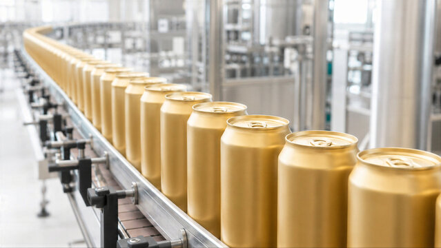 Aluminum cans moving on a conveyor belt in a brewery. Automated beverage production line for beer canning. Industrial bottling process inside a modern manufacturing factory setting.