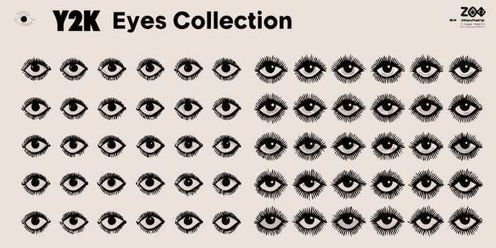 A collection of black and white eye illustrations in a grunge style repeating pattern eyes