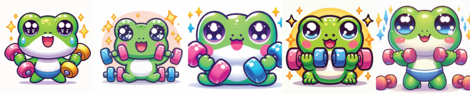 Vector of a cute cartoon frog character lifting dumbbells
