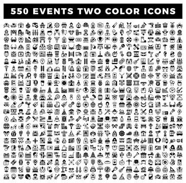 A collage of 550 black and white event icons for graphic design projects.