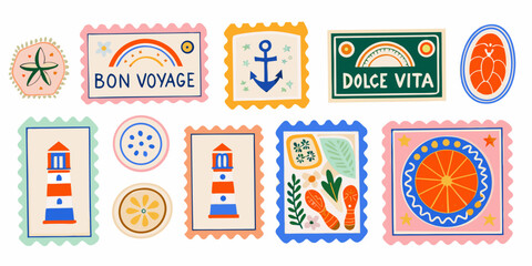 Retro travel themed stickers featuring nautical elements and scenic landmarks vector illustration adventure anchor art © Pabitra