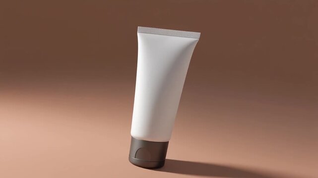 Cosmetic tube packaging rotating slowly, blank label, soft gradient background, clean advertising aesthetic