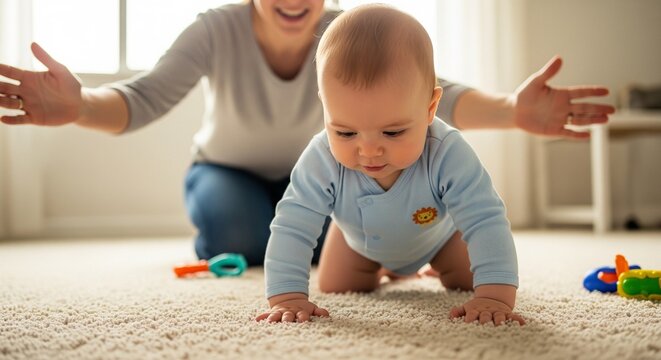 A cute baby boy in a light blue bodysuit crawls on a soft carpet floor at home, while his happy mother smiles and holds her hands out in the background to catch him.