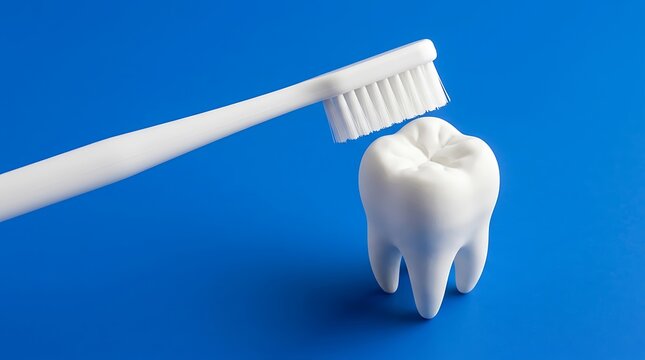 White toothbrush cleaning a single tooth isolated on a blue background