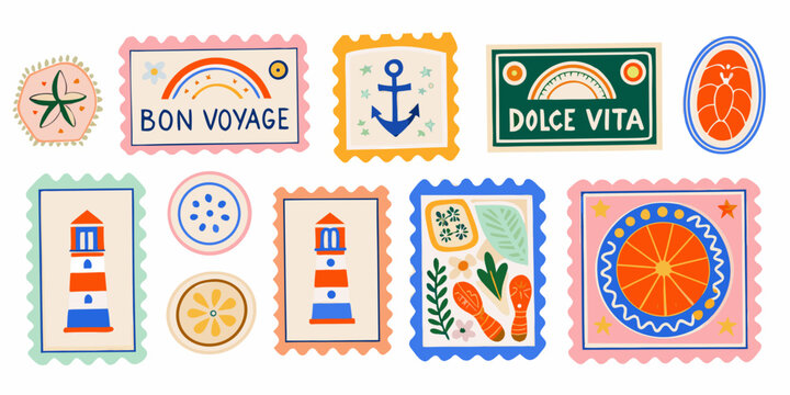 Retro travel themed stickers featuring nautical elements and scenic landmarks vector illustration adventure anchor art