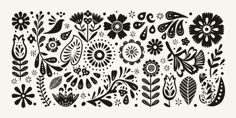 Floral ornament collection in black and white a stylized botanical arrangement flower foliage blossom bloom © Pabitra
