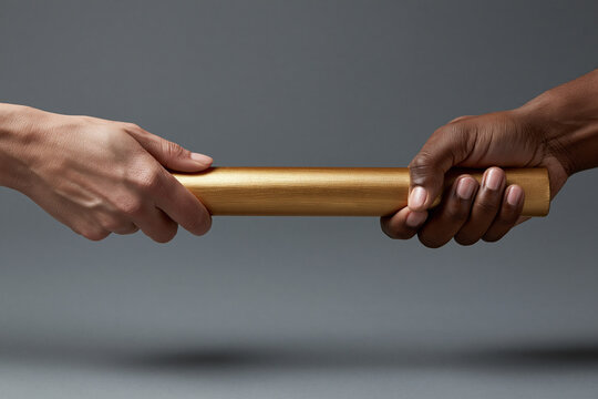 Hands exchange a baton in a relay race