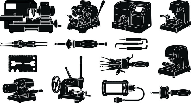 Professional Locksmith Tools and Key Cutting Machine Silhouette Icon Set Featuring Automatic Duplicator CNC Key Cutter Lock Picks Decoder Card and OBD Key Programmer Isolated on White