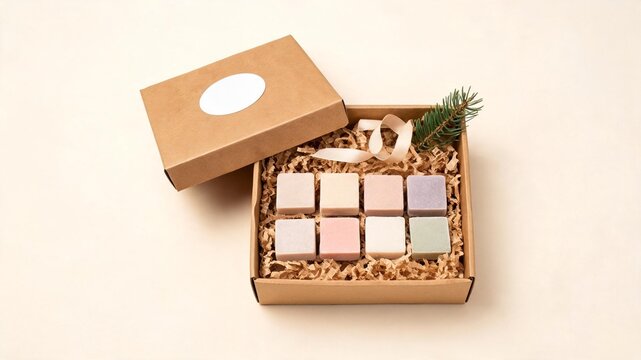 Open neutral gift box with 8 cubes on crinkle paper; ribbon and greenery