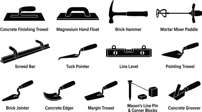 Professional Masonry Concrete and Bricklaying Tool Silhouette Icon Set Featuring Trowels Magnesium Float Brick Hammer Mortar Mixer Screed Bar Line Level and Edger Isolated on White