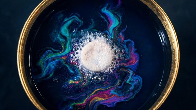 Shower steamer dissolving in dark blue water, colorful swirls and bubbles, gold rim ceramic bowl, macro shot, dark luxury spa aesthetic