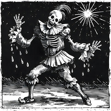 Dramatic skeleton clown dancing under starry night sky with rain