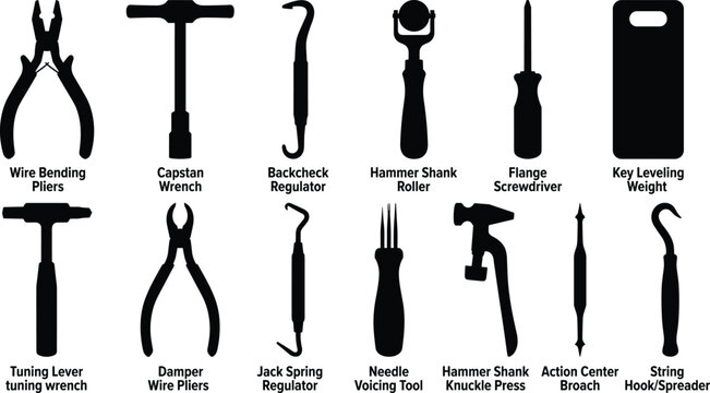 Professional Piano Tuning and Regulation Tool Silhouette Icon Set Featuring Tuning Lever Capstan Wrench Wire Bending Pliers Needle Voicing Tool and Action Center Broach Isolated on White