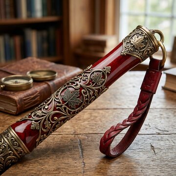 Luxurious vintage spyglass on wooden table with leather strap