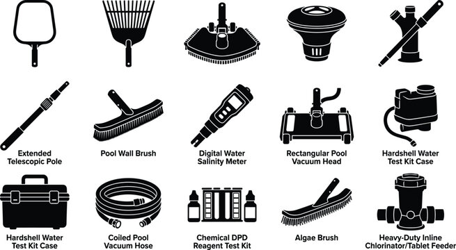 Professional Swimming Pool Maintenance and Cleaning Tool Silhouette Icon Set Featuring Vacuum Heads Brushes Telescopic Pole Chemical Test Kits Water Salinity Meter and Chlorinator Isolated on White
