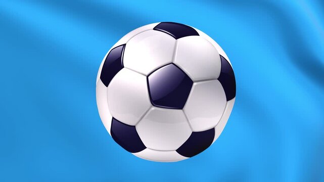 Soccer ball on waving blue flag background, football concept computer animation.