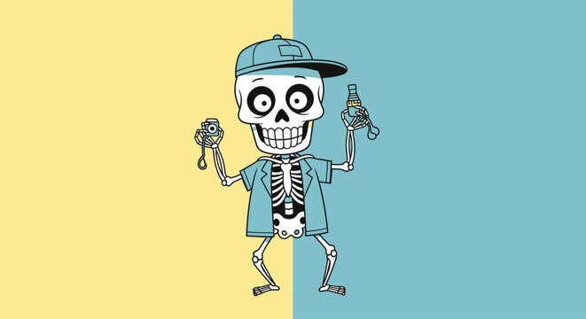 A smiling skeleton character holding tools.