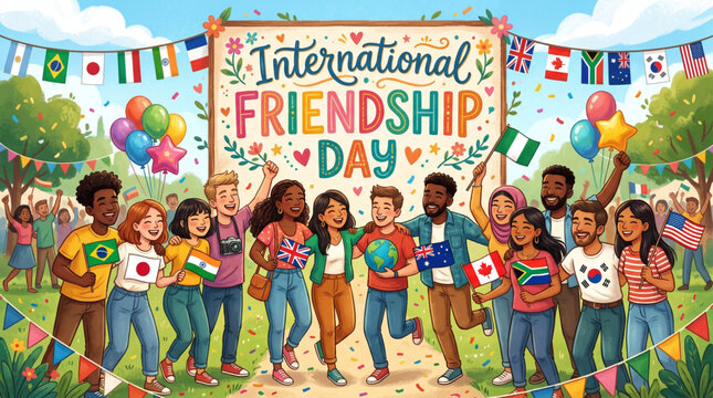 International Friendship Day Celebration Banner with Colorful World Flags and Festive Typography