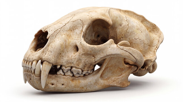 Photorealistic isolated skull of Homotherium serum, isolated on white background, showing detailed cranial anatomy and scientifically accurate paleontological reconstruction.