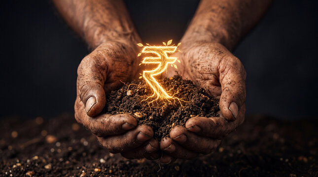 Indian rupee symbol sprouting from the agriculture land from two hands depicting the agriculture growth of India