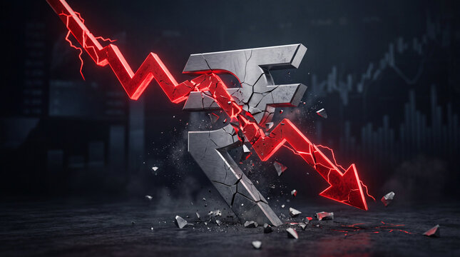 Large red arrow crushing Indian rupee symbol