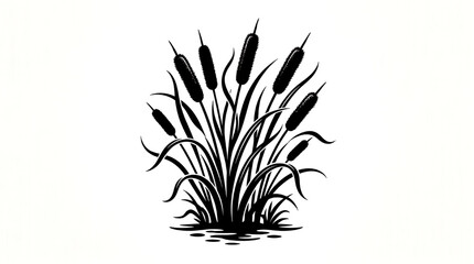 Fototapeta premium Black silhouette of cattails on white background with water reflection