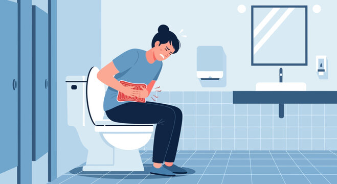 Woman Experiencing Abdominal Pain in a Public Restroom, Seeking Relief