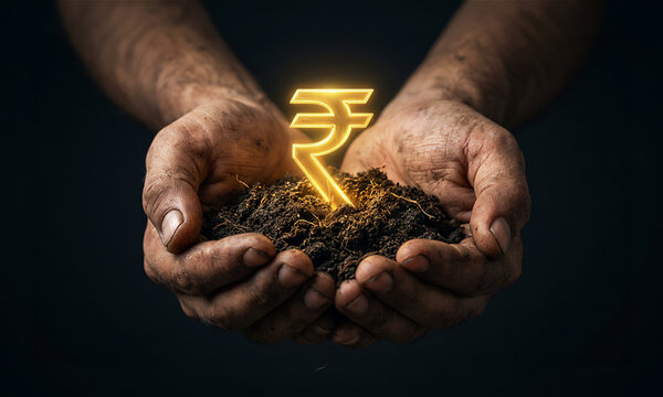 Indian rupee symbol sprouting from the agriculture land from two hands depicting the agriculture growth of India