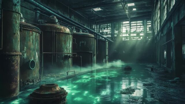 Forgotten Industrial Complex with Rusted Structures and Mysterious Interior Atmosphere