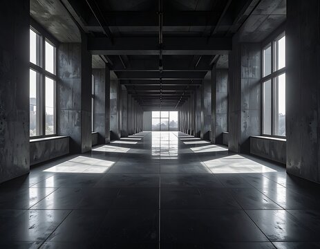 Abandoned Industrial Building Interior With Windows.