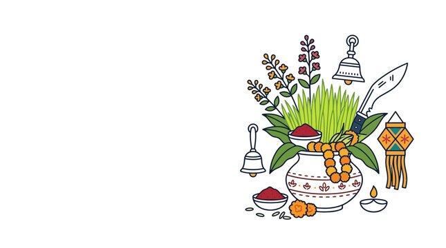 Dashain Festival Kalash and Jamara Illustration