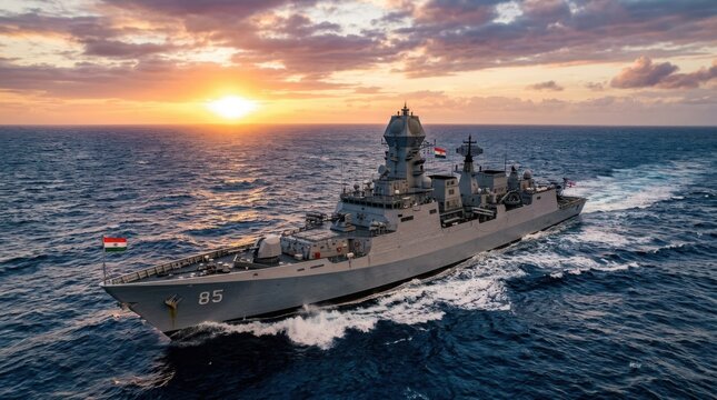 Indian navy stealth guided missile destroyer sailing on open ocean at sunset warship