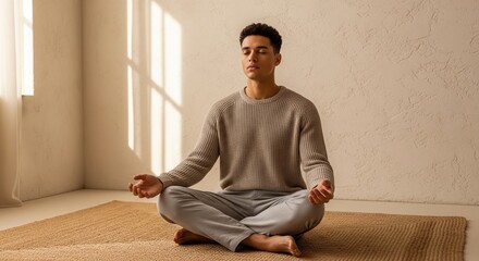 Fototapeta premium A young man meditating in a lotus pose on a large floor mat in a bright, minimalist room with natural sunlight and shadows on the wall