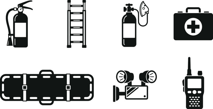 Emergency equipment black silhouette icons set with fire extinguisher, first aid kit, stretcher and rescue tools.