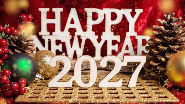 Happy new year 2027 greeting card with wooden letters, pine cones, red berries, and golden christmas ornaments on a glittery red background