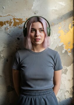 A young woman with pink hair wearing green over-ear headphones and a gray t-shirt, standing against an old, distressed concrete wall with peeling paint