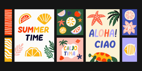Tropical fruit and seashell vector illustrations with vibrant colors arranged in a grid pattern starfish © Pabitra