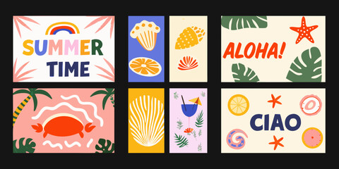 Collection of summer themed vector illustrations with tropical motifs and bright color palettes illustration beach © Pabitra